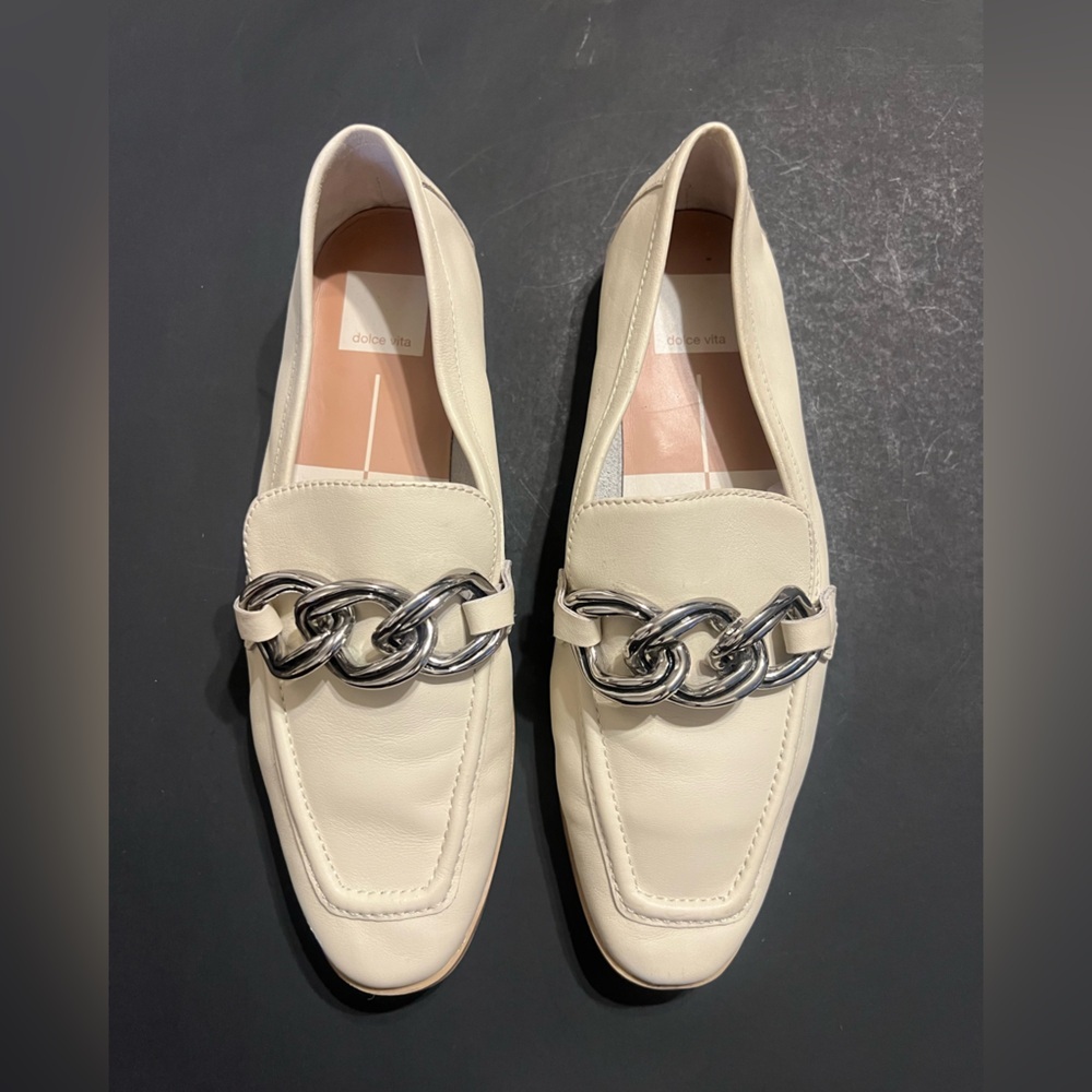 Dolce Vita Cream Loafers with Silver Chain